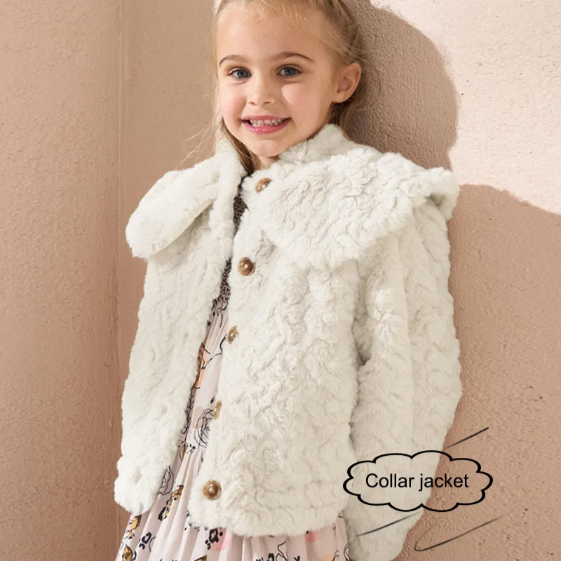 

UNITIM Kids Baby Girl Woolen Jacket Peter Pan Collar Thicken Warm Toddler Girl Fur Jacket New Winter Solid Little Girl Outerwear