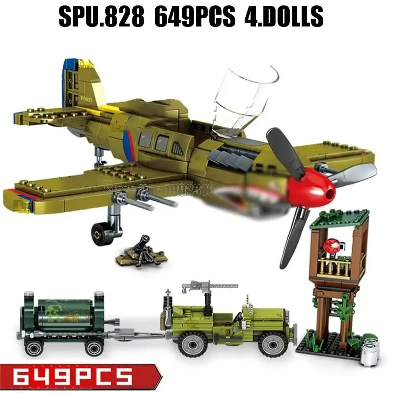 101382 649pcs Military Ww2 P-40 Aircraft Plane Fighter Pearl Harbour Base 4 Dolls Army Weapon Boy Building Blocks Toys