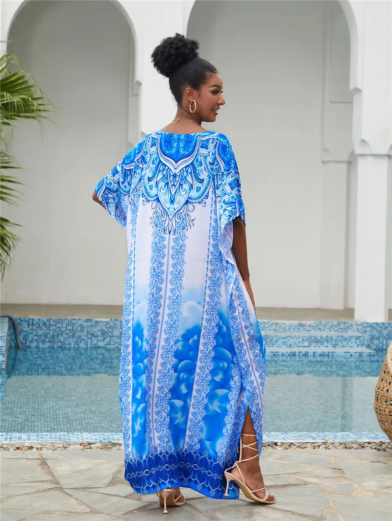 Robe de plage style caftan bleu pour femmes, tunique en coton, col en V, cochon size, cover-up pour bikini, Industries ong, été