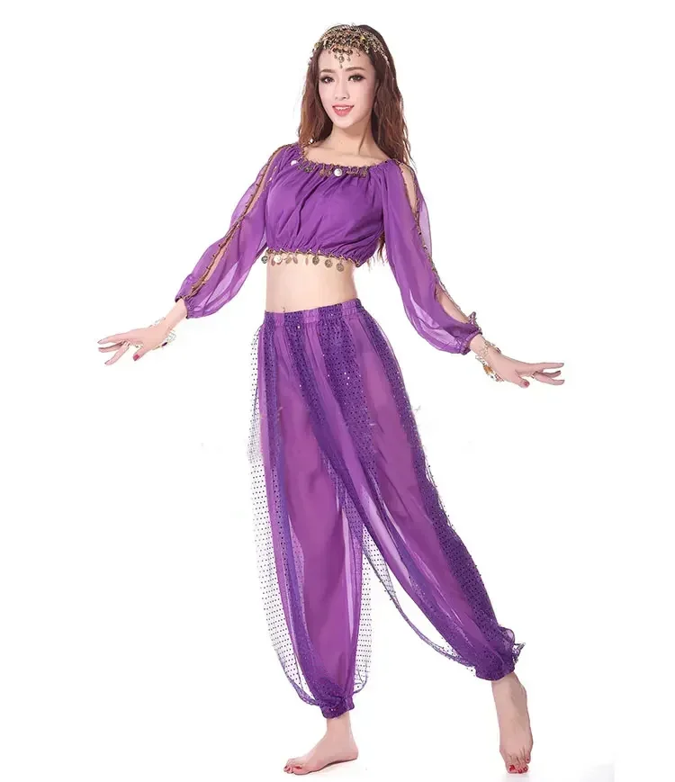2 ชิ้นชุด Belly Dance เครื่องแต่งกาย Oriental Dance Bollywood Dance เครื่องแต่งกาย Belly เครื่องแต่งกายชุด Top Bra + กางเกง