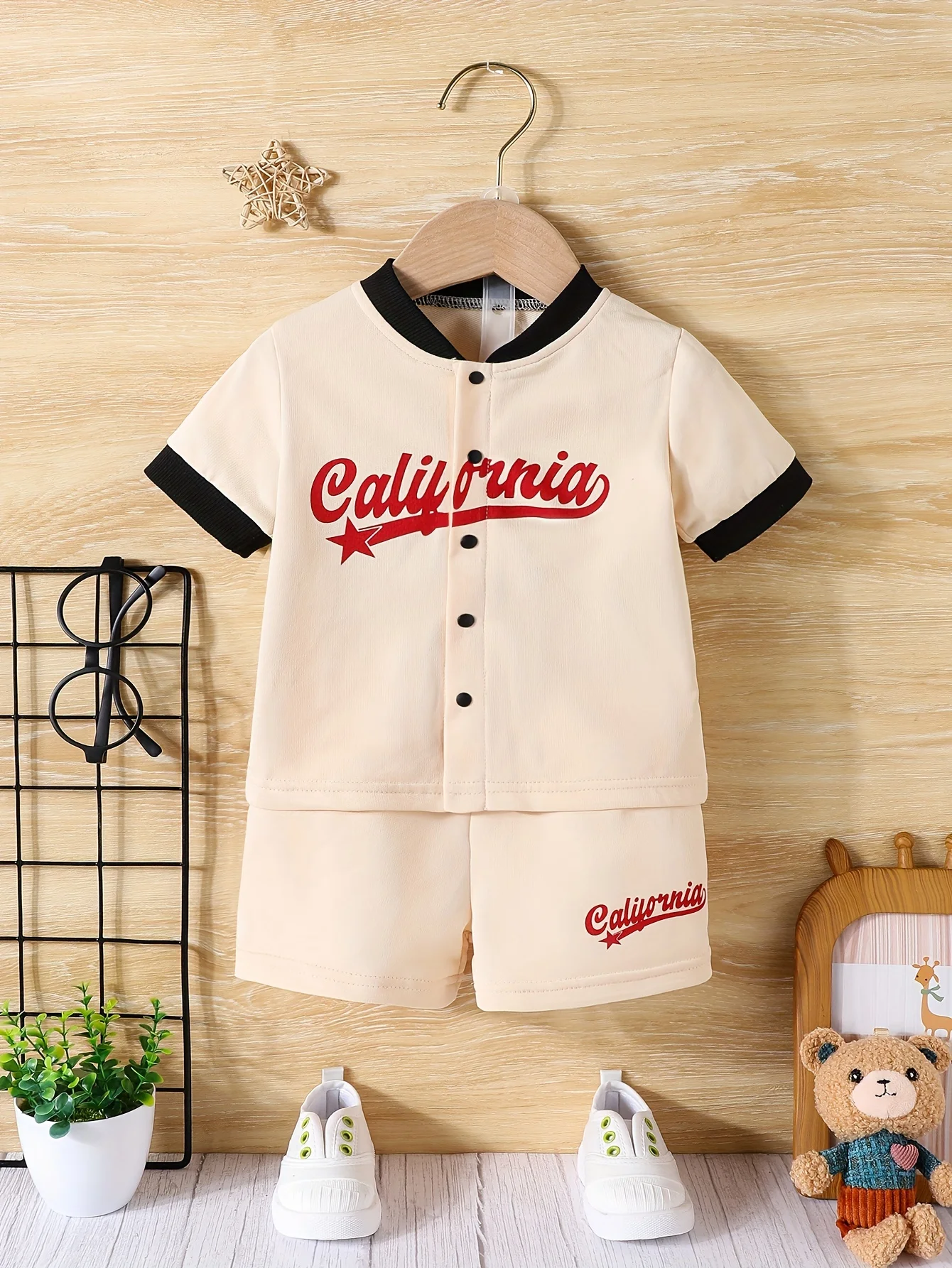2-częściowy letni chłopięcy trend z krótkim rękawem kurtka baseballowa sweter + codzienne spodenki sporty na świeżym powietrzu wygodny modny garnitur