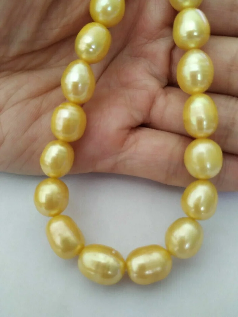 

18" Exquisite AAA 11-13mm Natural Gold South Sea Baroque Pearl Necklace 14k G P