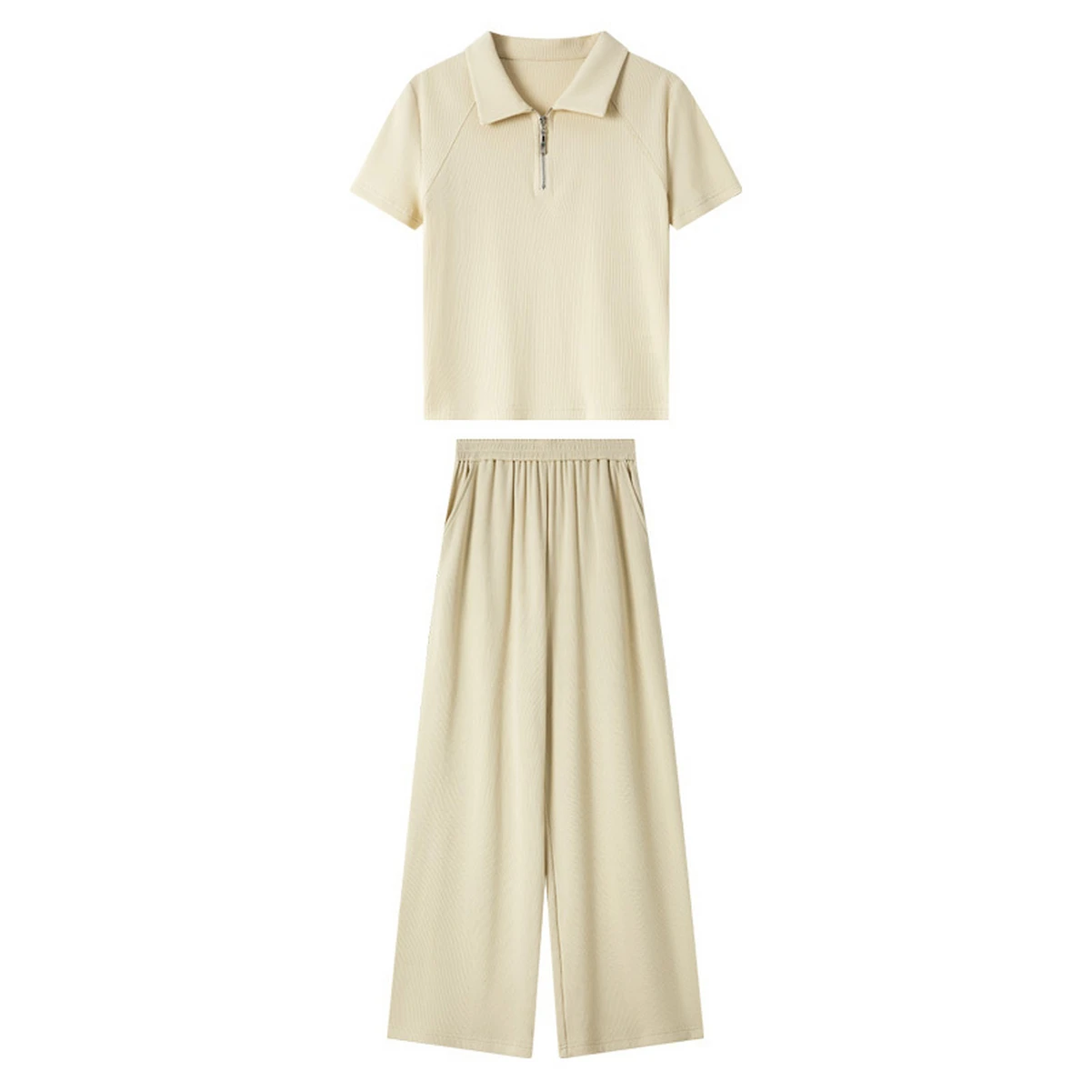 VIMLY 여성용 여름 트레이닝복 스포츠 레저 팬츠 세트 2종 세트 2025 여성 폴로넥 티셔츠 와이드 레그 스웨트 팬츠 M7793