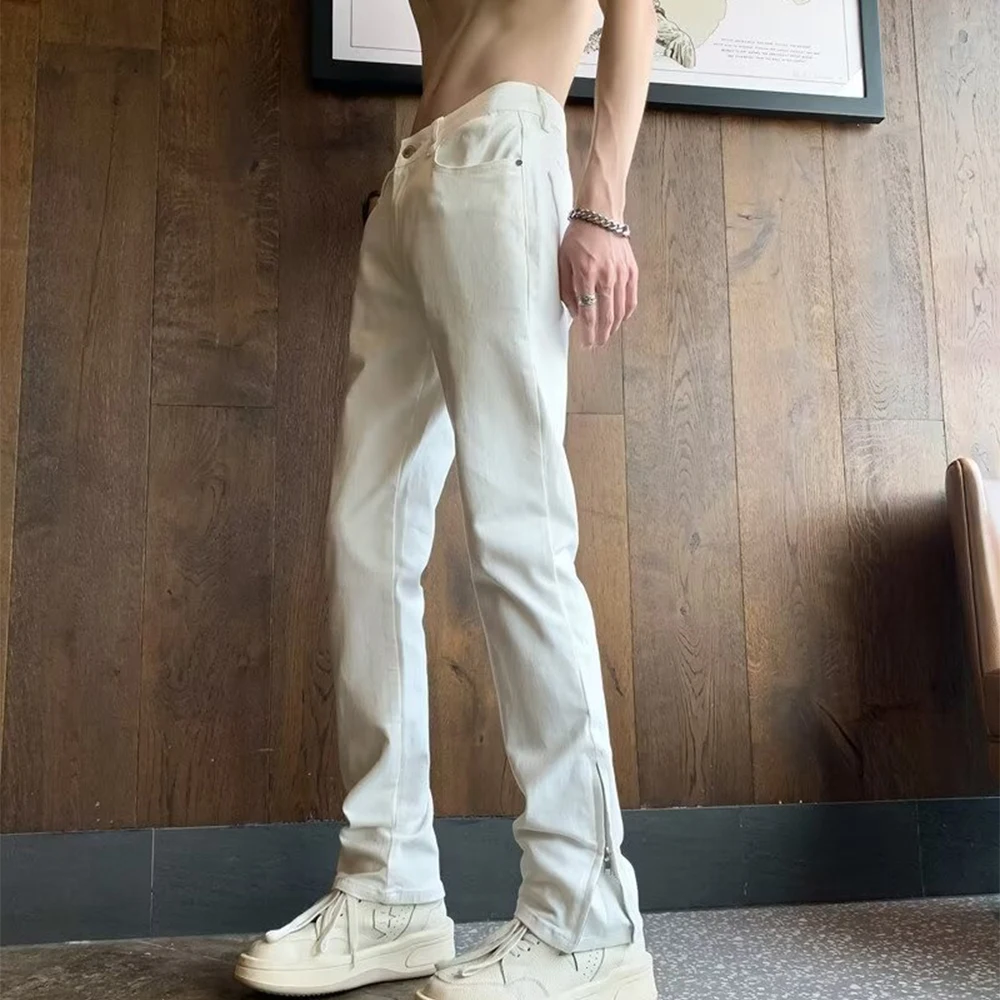 Ankle Zipper Plain White Jeans Men Women Street Fashion Men's Denim Pants White Black