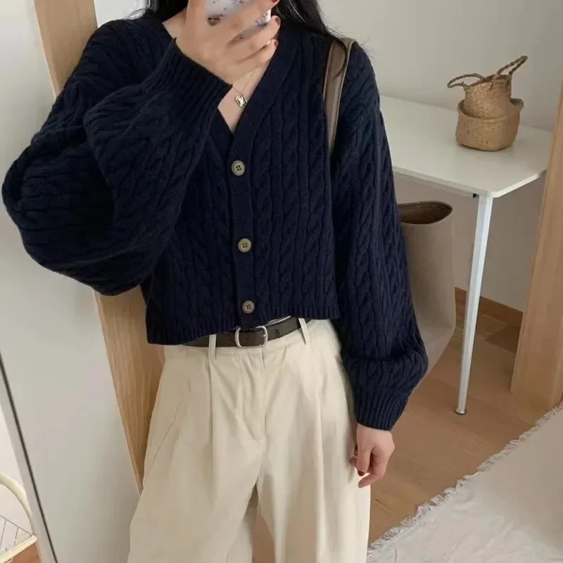 

Свободный вязаный кардиган с высокой талией, женское короткое пальто, свитер с v-образным вырезом, Dongdaemun, рукав-фонарик, верхняя одежда в корейском стиле