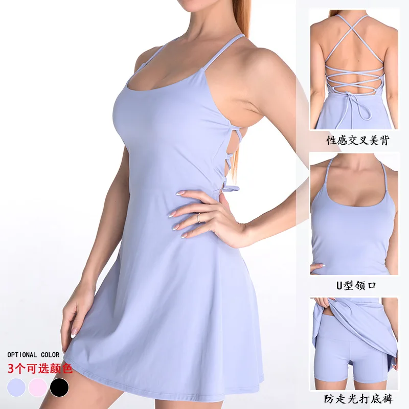 

Yoga Suit Women's Summer with Chest Pad Anti-exposure Tennis Skirt Yoga Fitness One-piece Skirt Sports Dress