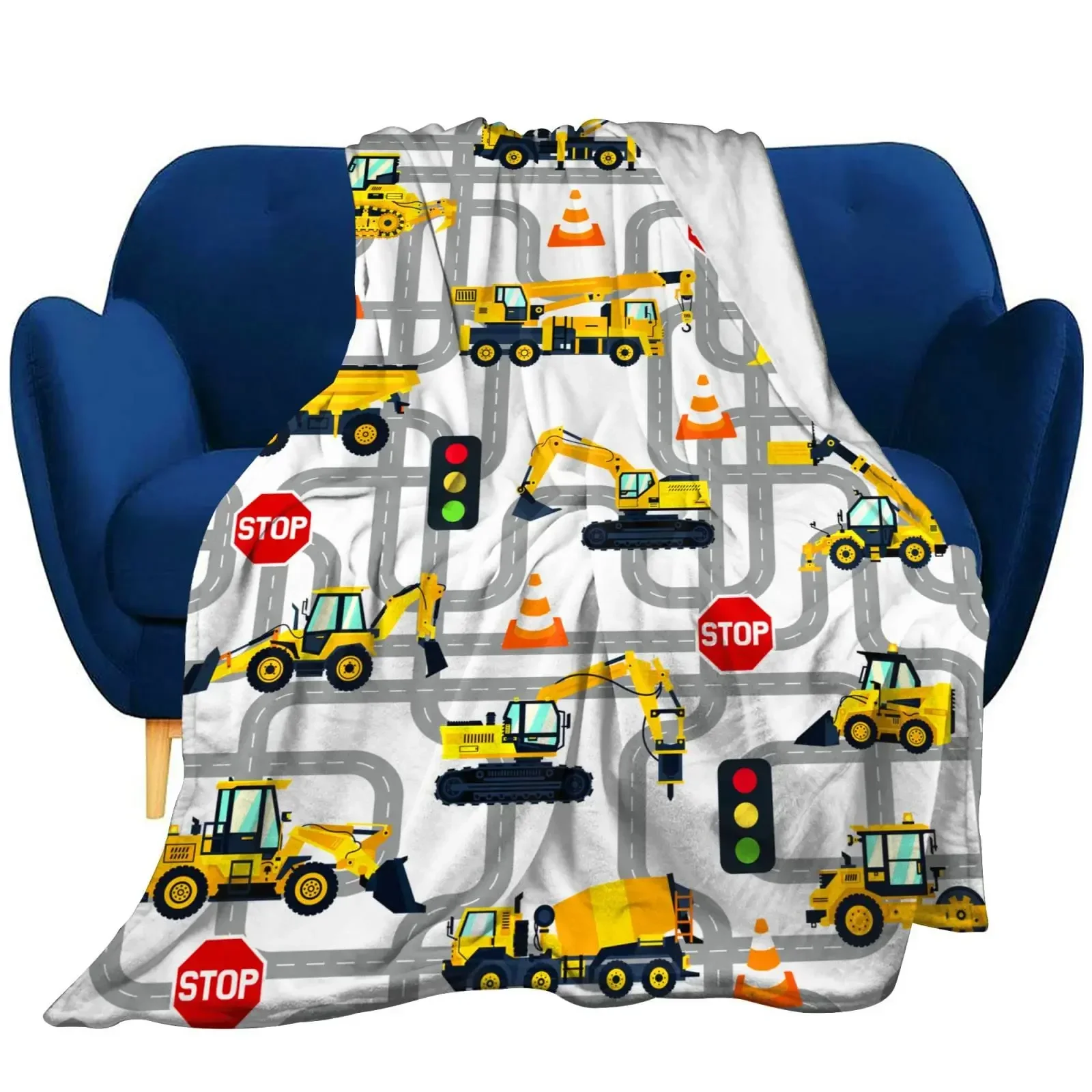 Excavator Flannel Throw Blanket for Boys Tractor Toy Gift for Kid Car Lover Super Soft Lightweight Teen Bedding Sofa Decor Chair