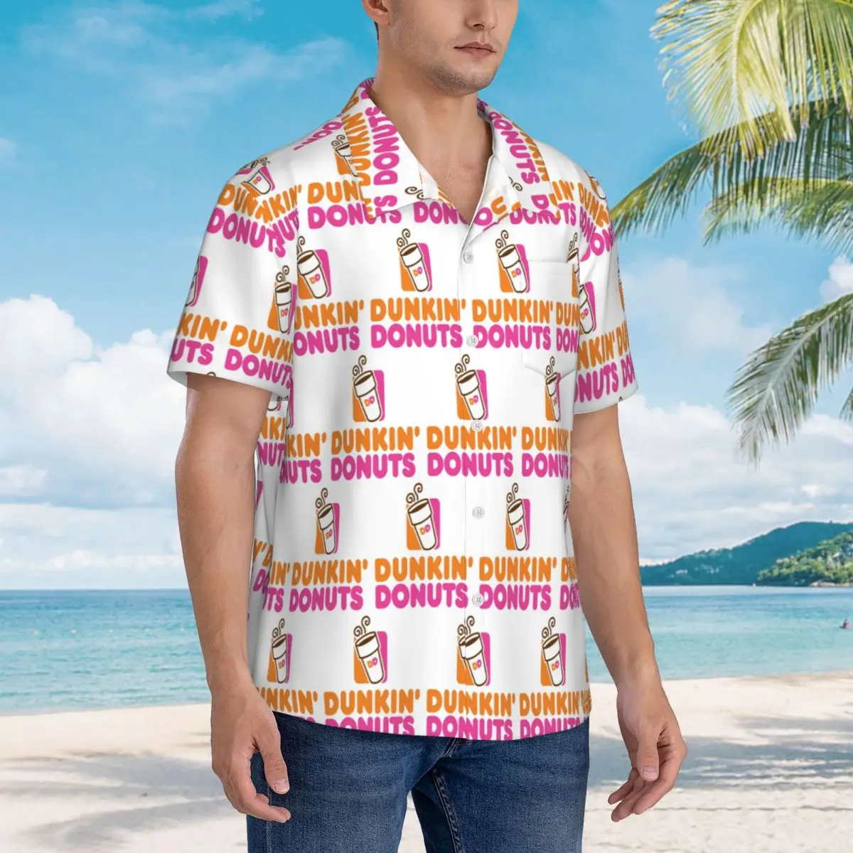 Dunkin Donuts Men's Shirts Hawaiian Short Sleeve Shirt Funny Lapel Tops for Summer Beach view 4