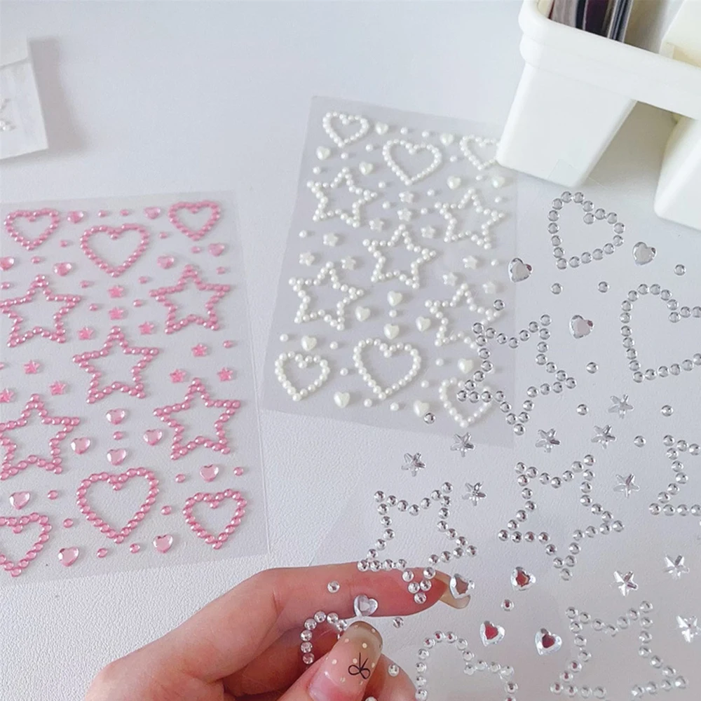 3D Rhinestone Heart Stickers Adhesive Decorative Stickers Glitter Star Goo Card Handmade Sticker For Girls DIY Art Supplies