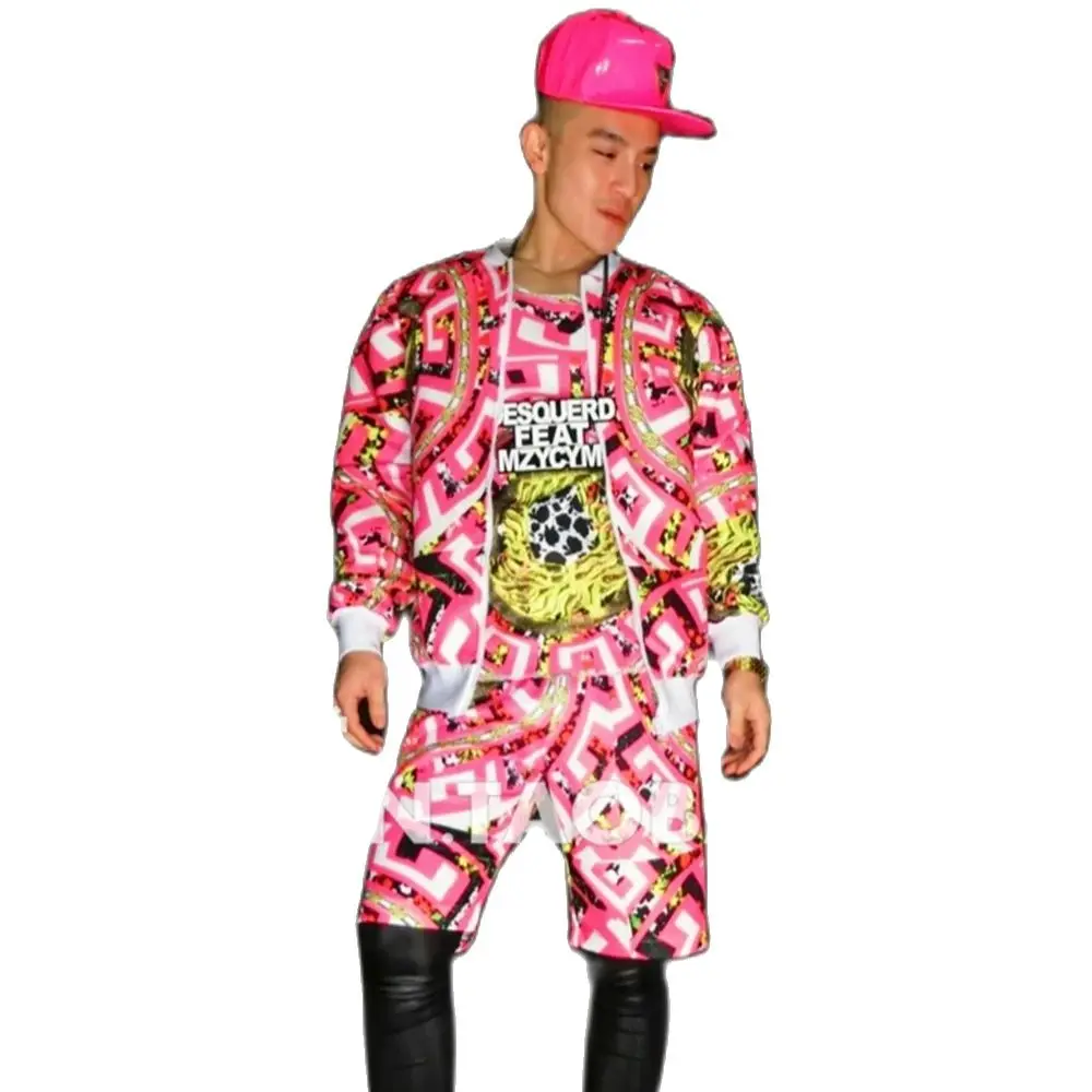 

Nightclub Bar DJ Singer Fashion Fluorescent Pink Icon Hip Hop Baseball Suit Spring and Autumn Men's Leisure Performance Suit DM