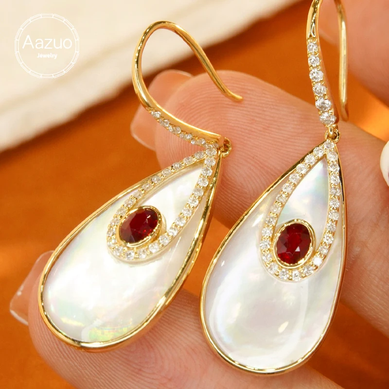 

Aazuo 18K Yellow Gold Natrual Ruby White MOP Real Diamond Big WaterDrop Hook Earring For Woman Upscale Trendy Wedding Engagement