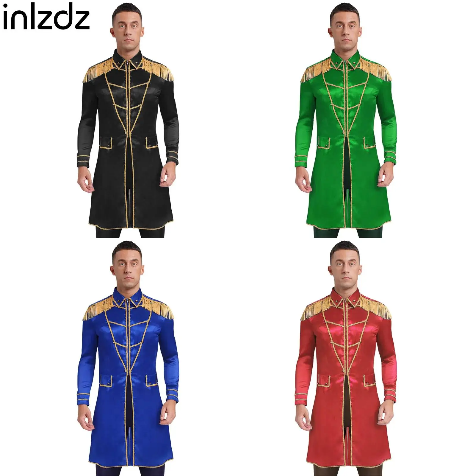 

Men's Medieval Renaissance Long Coat Halloween Cosplay Costumes Long Sleeve Fringe Shoulder Jackets Satiny Steampunk Outerwear