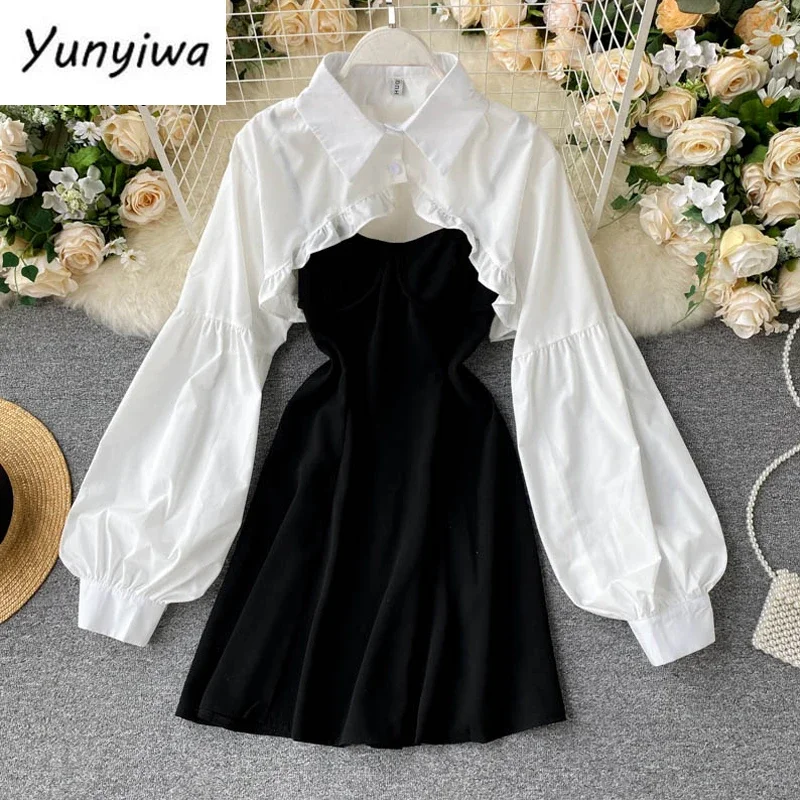 Autumn Women Sexy Black Spaghetti Strap Dress and White Long Sleeve Blouses Crop Tops Korean Fashion Mini Vestidos