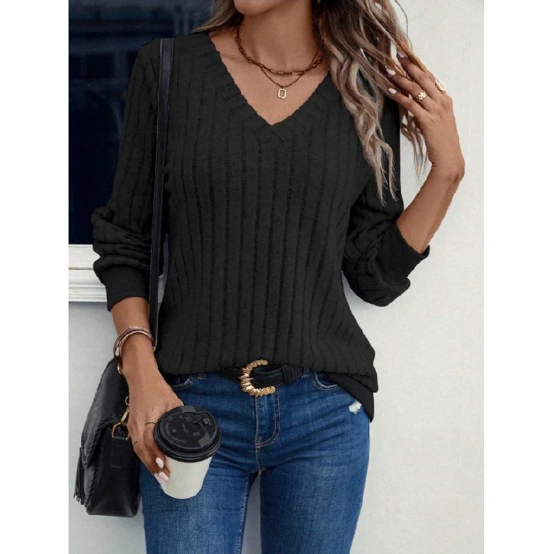 

2026Spring and Autumn Solid ColorvCollar Long SleevetWomen's brushed ribbed knit pullover top