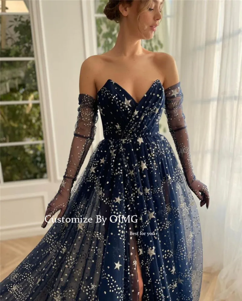 OIMG New Design 2023 Navy Blue Stars Tulle Evening Dresses Sweetheart Split Floor Length Prom Gowns Party Formal Event Dress