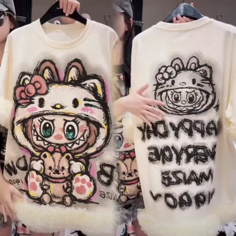 Y2K personalized anime cartoon graphic women clothing high street fashion trend top TiKi shirt 2025 casual loose short-sleeved