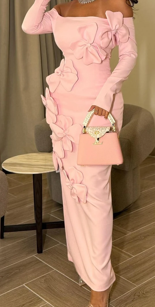 Primavera Verano sin tirantes nuevas mujeres elegante Sexy ceñido al cuerpo tridimensional flor fuera del hombro vestido de manga larga