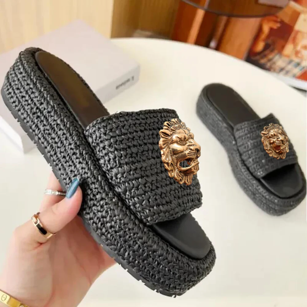 

Handmade Knitted Thick Bottom Slippers Women's Casual Fashionable Outerwear Rubber Outsole 2025 Summer Best Seller Slippers34-42