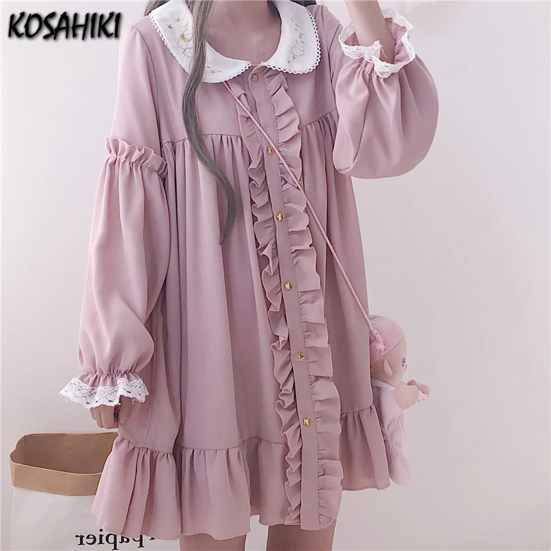 KOSAHIKI 2024 Summer Cute Dress Women Harajuku Pink Ladies Ruffle Lace Patch Kawaii Dresses Lolita Cosplay Sweet Loose Vestidos