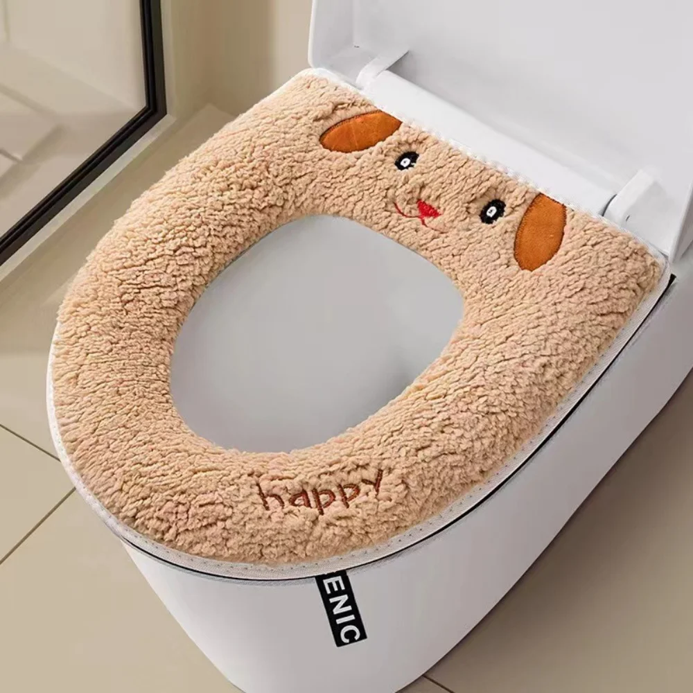 Winter Lamb Fleece Toilet Seat Cover Washable Zipper Toilet Cushion Cover with Handle Animal Print WC Mat Bathroom Accessories