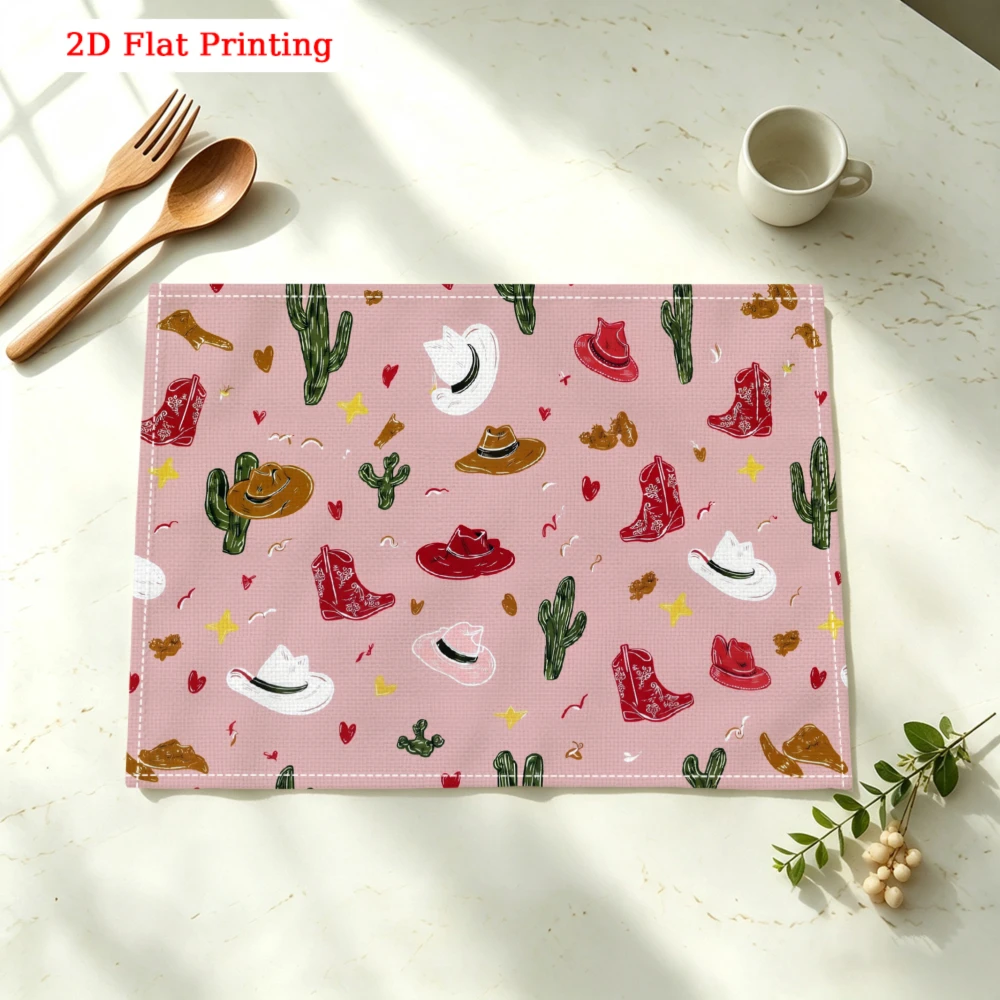 Western Cowboy Hat Cactus Boots Kitchen Placemat Coaster Linen Pad Dish Coffee Cup Table Mat 30x40cm Home Decor