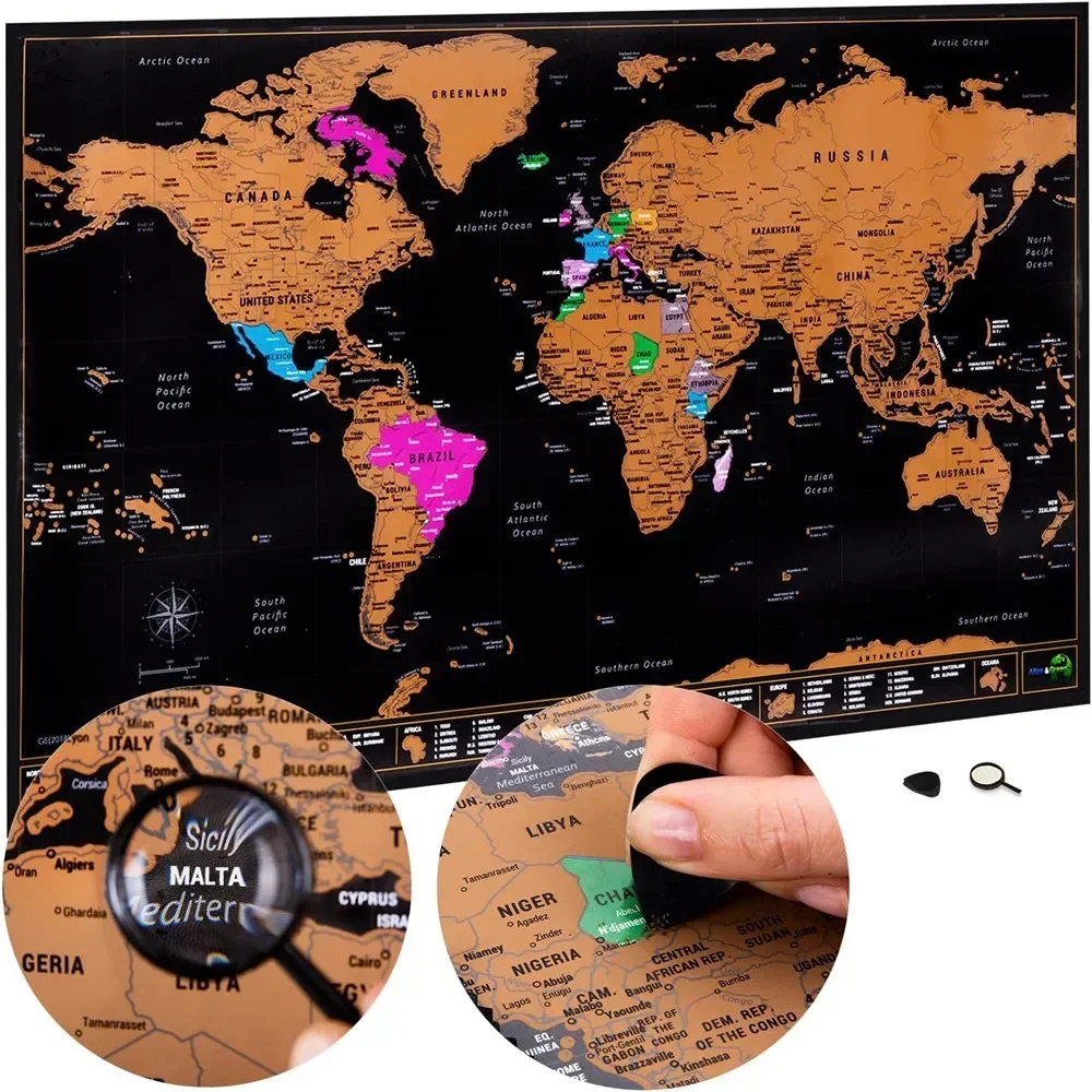 Drop Shipping Scratch Map-World personalisierte Flaggen Reise Scratch Maps Mini Scratch Off Folie Schicht Beschichtung Poster Wandaufkleber