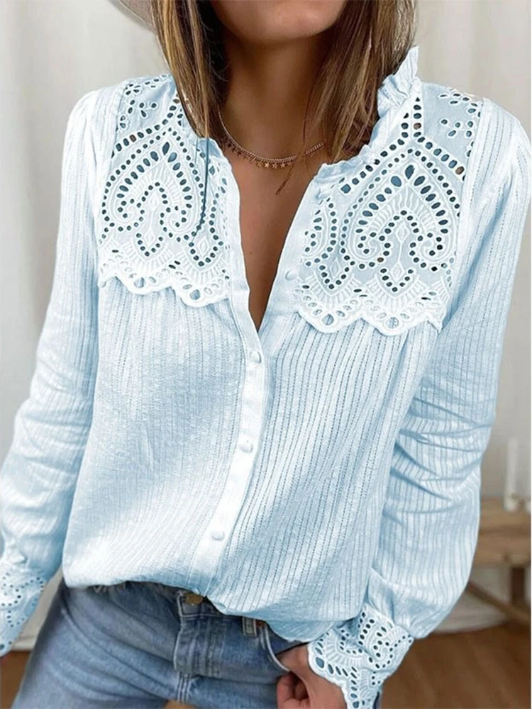 Elegant Solid Hollow Out Lace Blouse Sexy Women Turn-down Collar Shirt Of Femmer Office Lady Single Breasted Button Blouse Tops