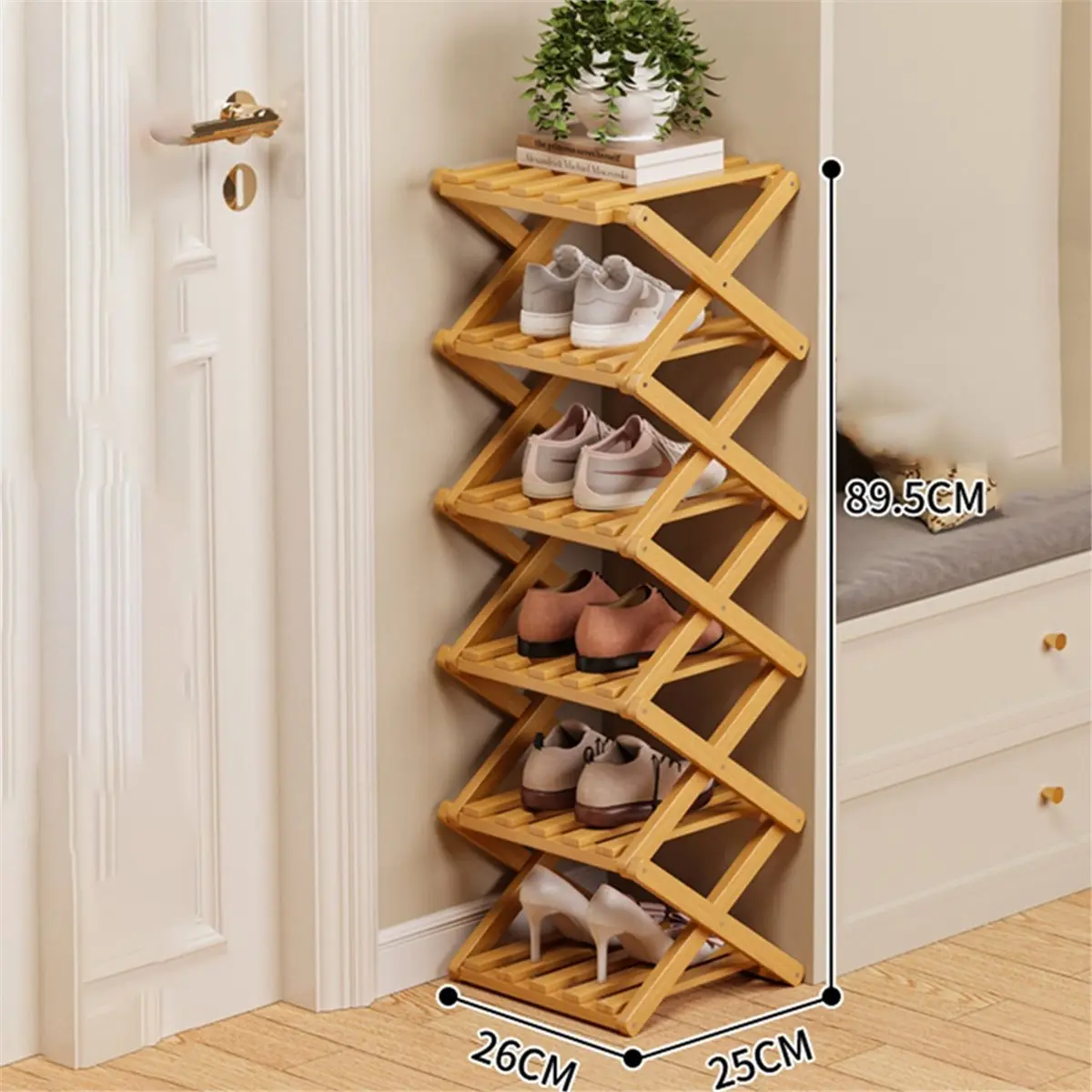 6-Tier No-Assembly Bamboo Shoe Rack, Space-Saving & Multi-Functional, Natural Finish