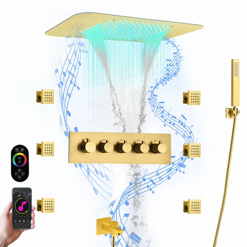 

Ceiling Embedded 580*380 mm LED music Shower Head Multi-Functions Waterfall Rain Bathroom Thermostatic Shower Faucet Set