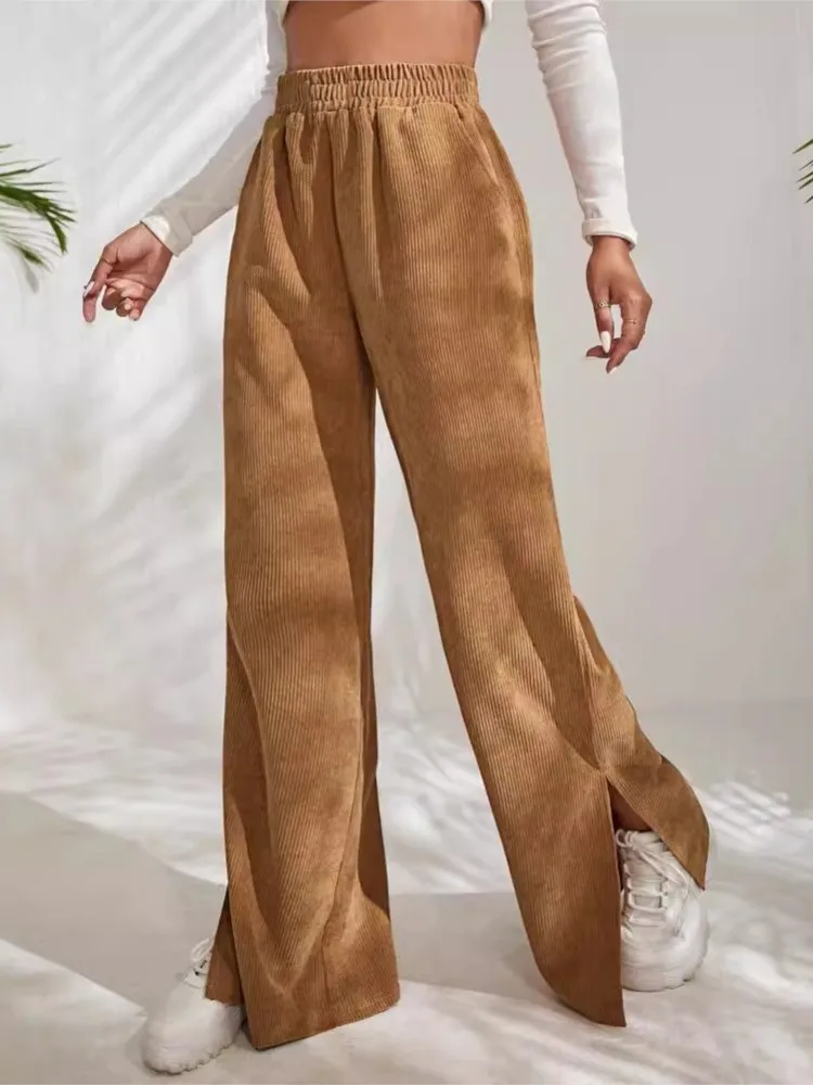 Casual Solid Color Corduroy Pants Women Autumn Winter New Fashion High Waist Loose Slit Straight Trousers Commuting All-match