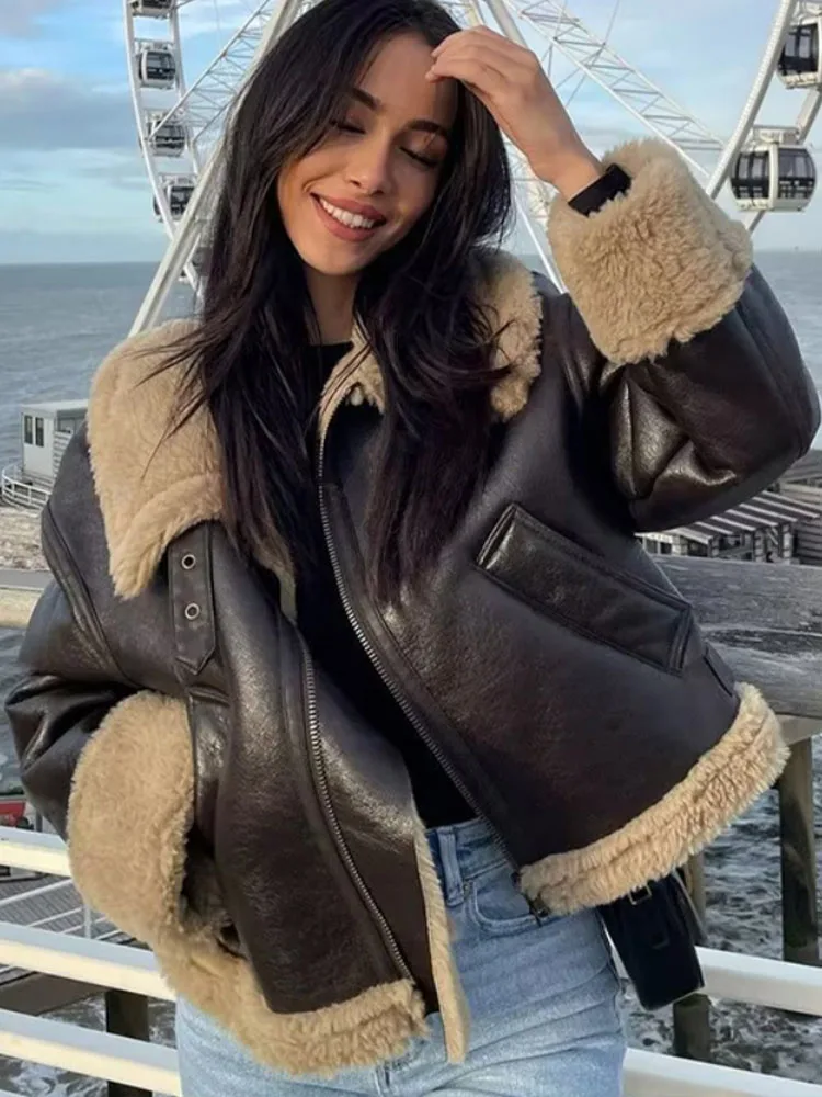 

Vintage Faux Leather Jacket Women Winter Long Sleeve Moto Biker Coat Female Casual Loose Turn Down Collar Zipper Thick Outwear