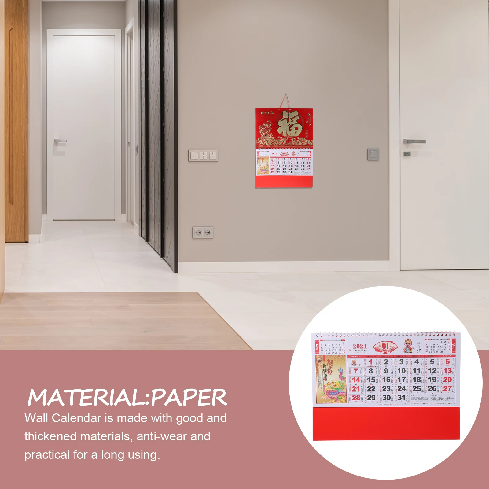 

2024 Dragon Year Wall Calendar Small Nine Opens Gold Foil Prosperity Lunar Date Family Use Practical Gift Hanging Design