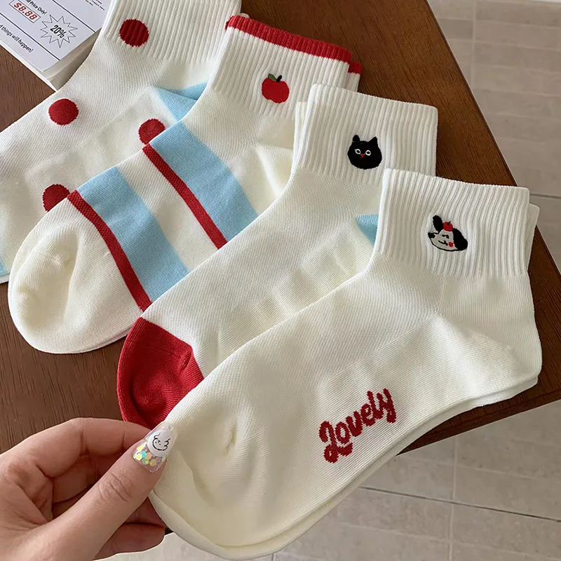 Girls' Summer Style Striped Socks Cartoon-style In Woman's Size Short Tube Light Summer Embroidery Version Cute