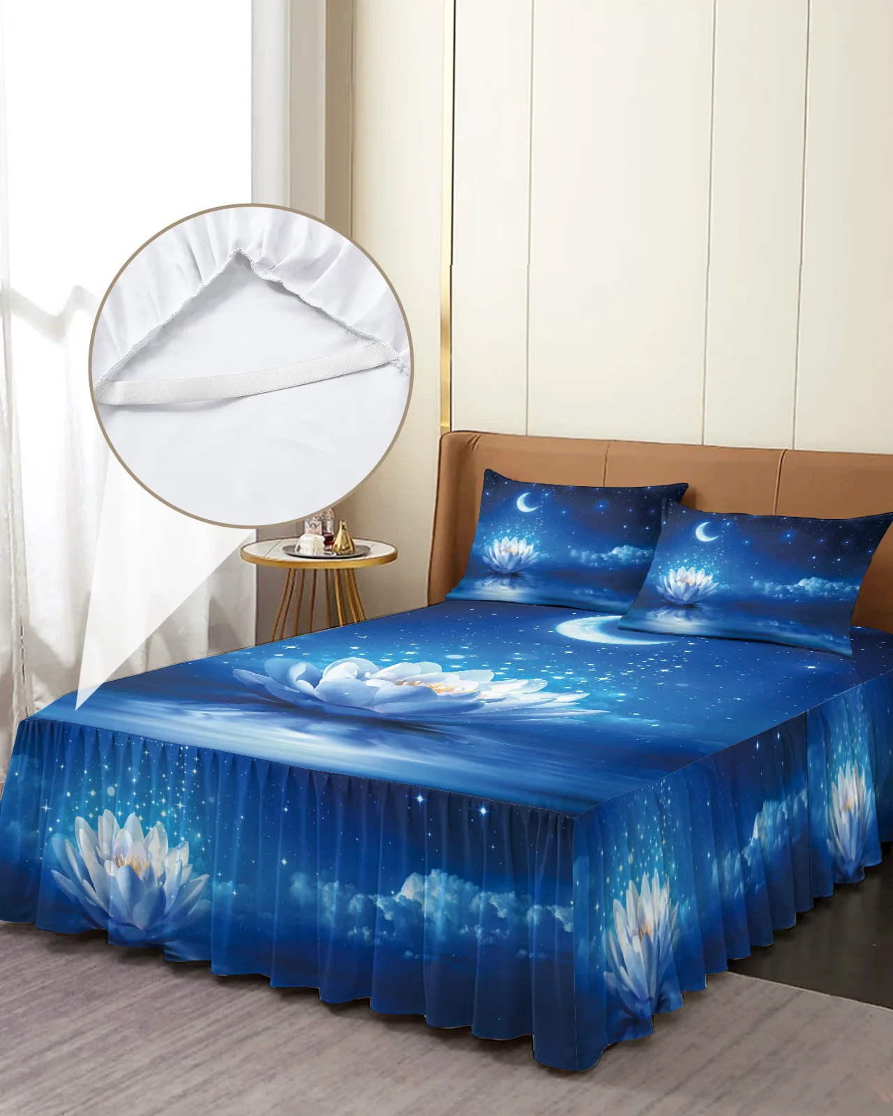 Blue Moonlight Lotus Moon Bed Skirt Elastic Fitted Bedspread With Pillowcases Bed Protector Mattress Cover Bedding Set Bed Sheet