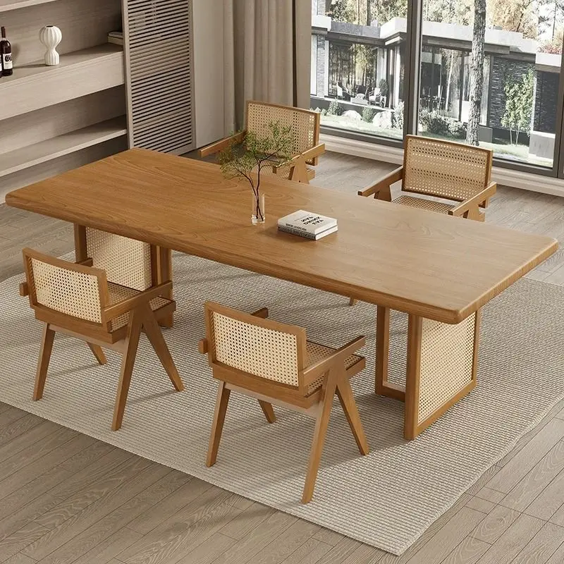 Wabi Sand Cream Wind Solid Wood Rattan Table and Chair Combination Homestay Restaurant Log Eating Table Tea Room