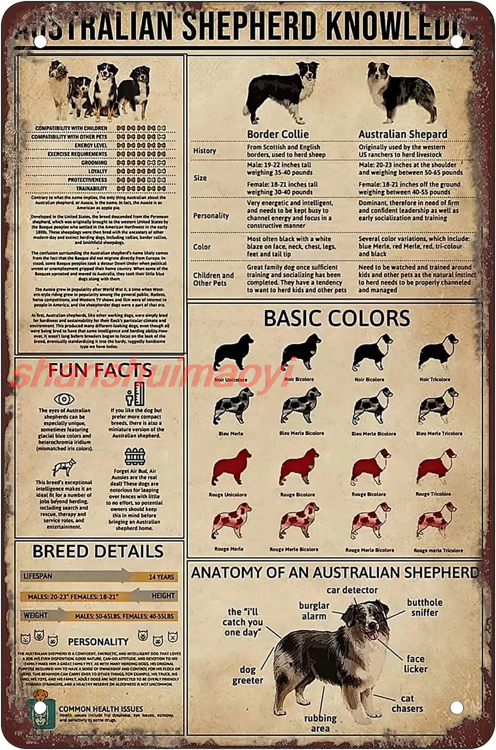 shan Retro Funny Metal Sheet Signs Australian Shepherd Dog Knowledge, Wall Decoration, size:8 x 12 1pc