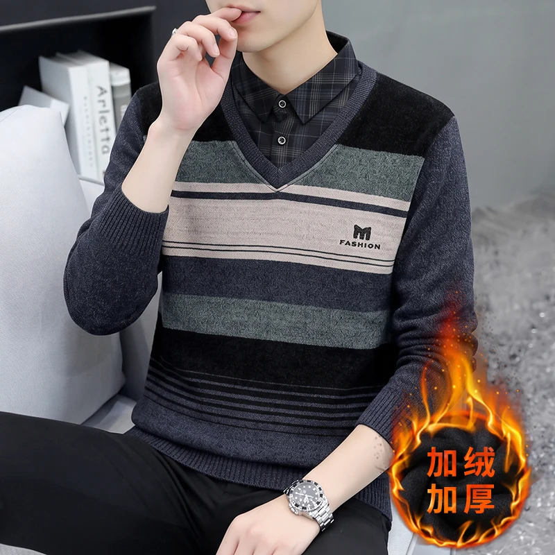 Men Fake Two Piece Fleece Lined Sweater Striped Shirt Collar Knit Pullover Autumn Winter Warm Long Sleeve Casual Knitwear