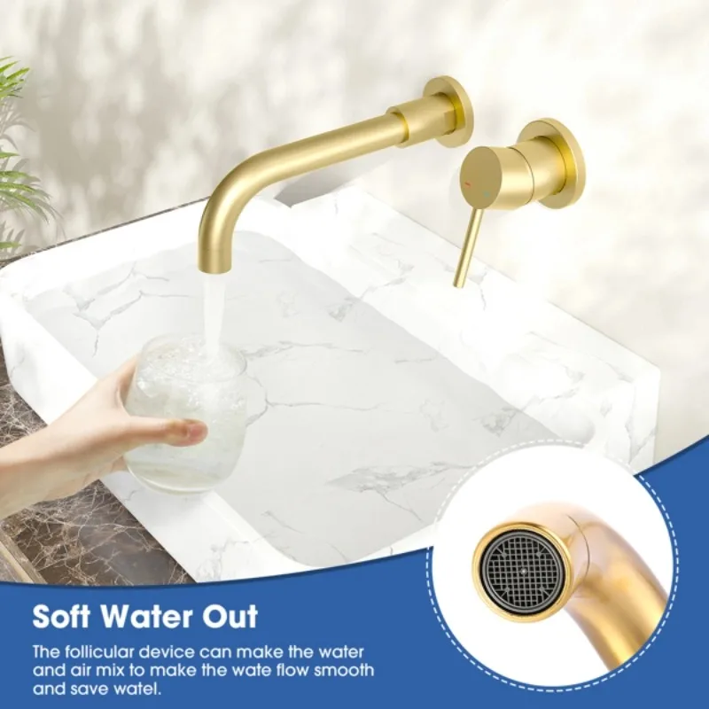 Wall Mounted Faucet Single Handle 3 Hole Brass Thick Entry Valve Includes Brushed Gold Suitable for Bathroom Kitchen Sink or Tub