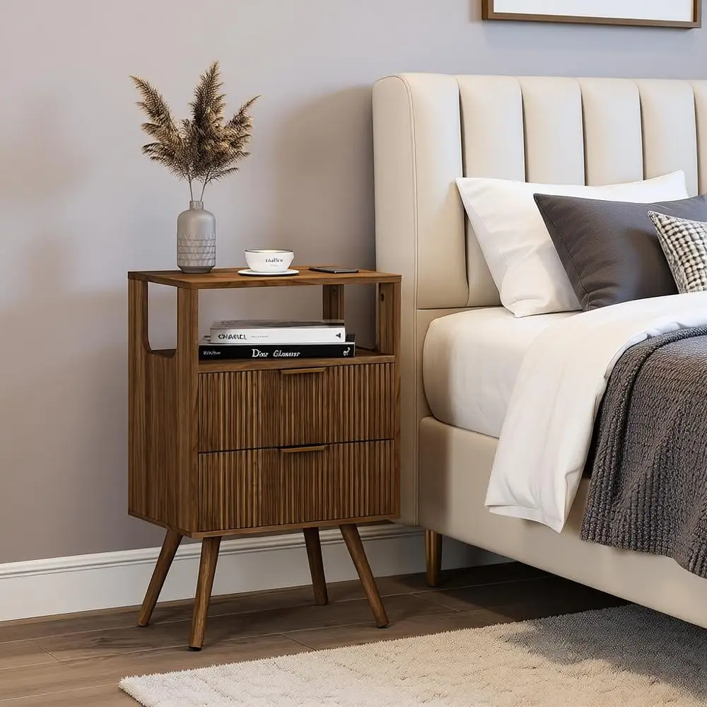 

Walnut Brown Solid Wood Nightstand with 2 Drawers and Open Shelf for Bedroom and Compact Spaces