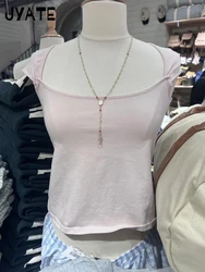 New Sweet Pink Cotton Crimping Short Sleeve Tees Women Summer Casual Simple Square Collar Crop Tops Vintage Basic Y2K T-shirts