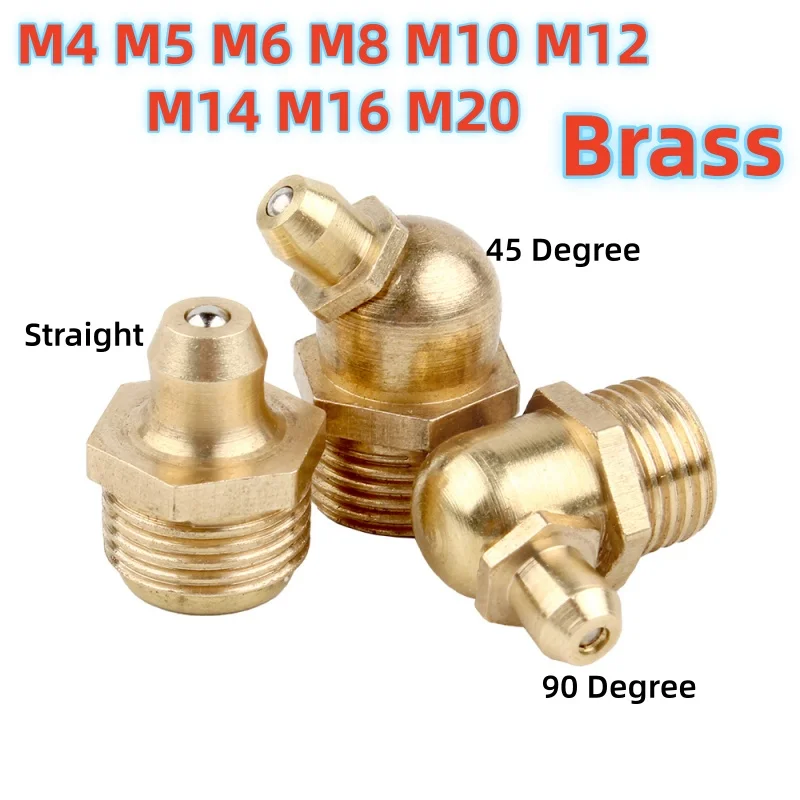 

M4 M5 M6 M8 M10 M12 M14 ~ M20 Метрическая наружная резьба Латунная гидравлическая смазка Ниппель Прямой коленчатый тип Масляный фитинг для смазочного пистолета
