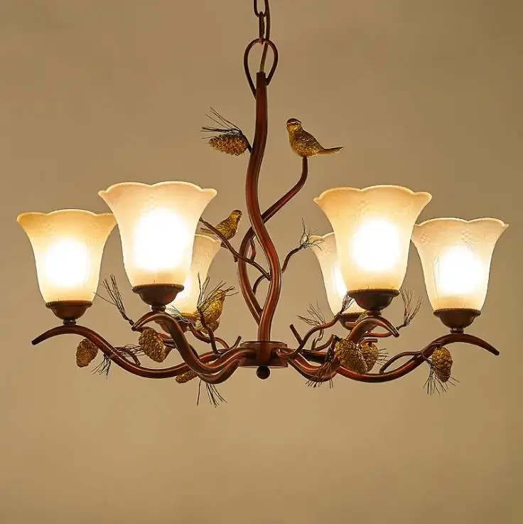 

American Rural chandelier glass iron art creative living room chandelier restaurant retro branch bird personality lamp