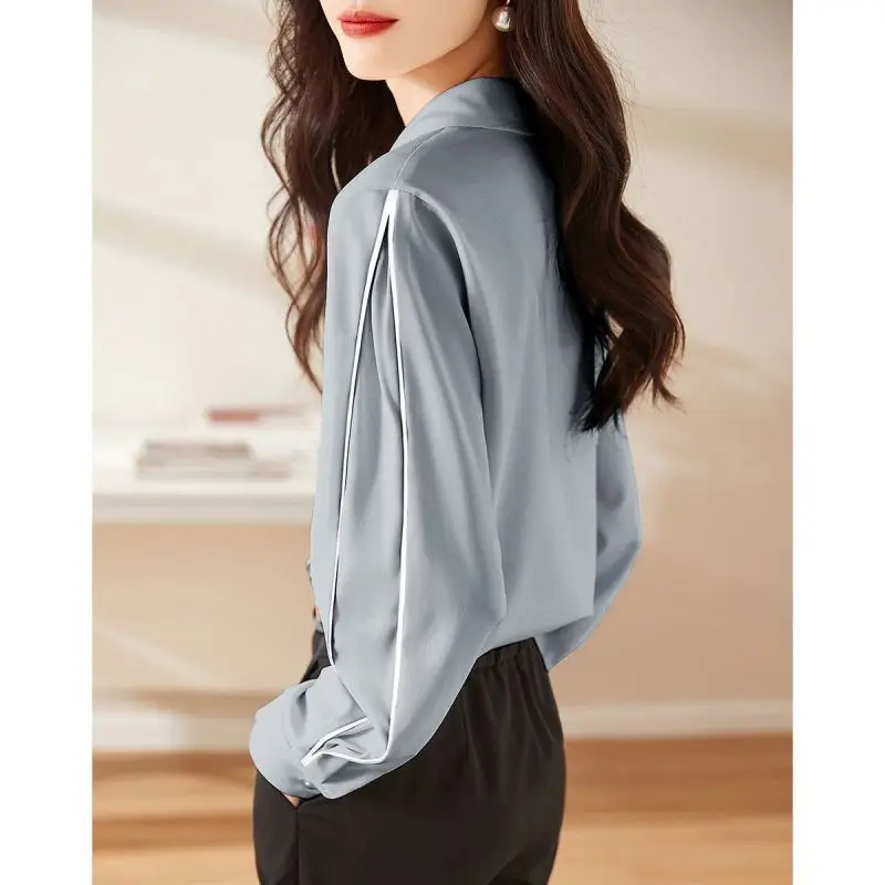 2023 New Spring Fashion Solid Color Polo Contrast Line Design Button Long Sleeve Temperament Commuter Loose Women\'s Shirt