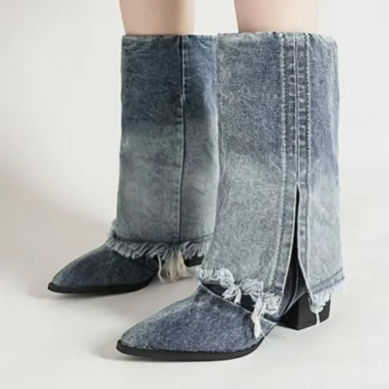 

2025 Pointed Retro Pants Boots, Hottie Western Denim Mid Length Women's Boots, Fashionable and Popular Women's Short Boots