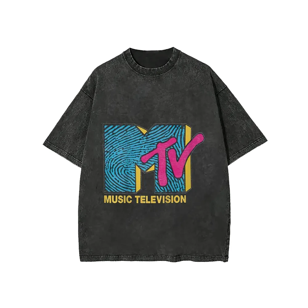 

MTV Geometric Print Fashionable Loose Men's Washed T-Shirt Casual Summer Short Sleeve Streetwear Daily Wear Unisex Tee Tops