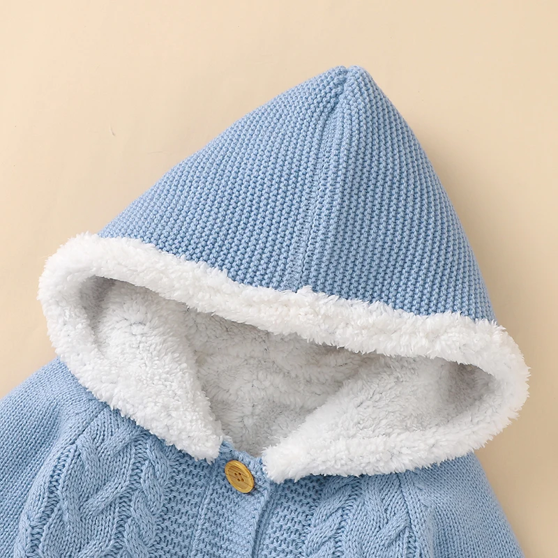 Boy Baby Rompers Knitted Infant Jumpsuit Long Sleeve Winter Newborn Kid Clothing Fashion Hooded 0-18M Solid Fleece Warm Overalls