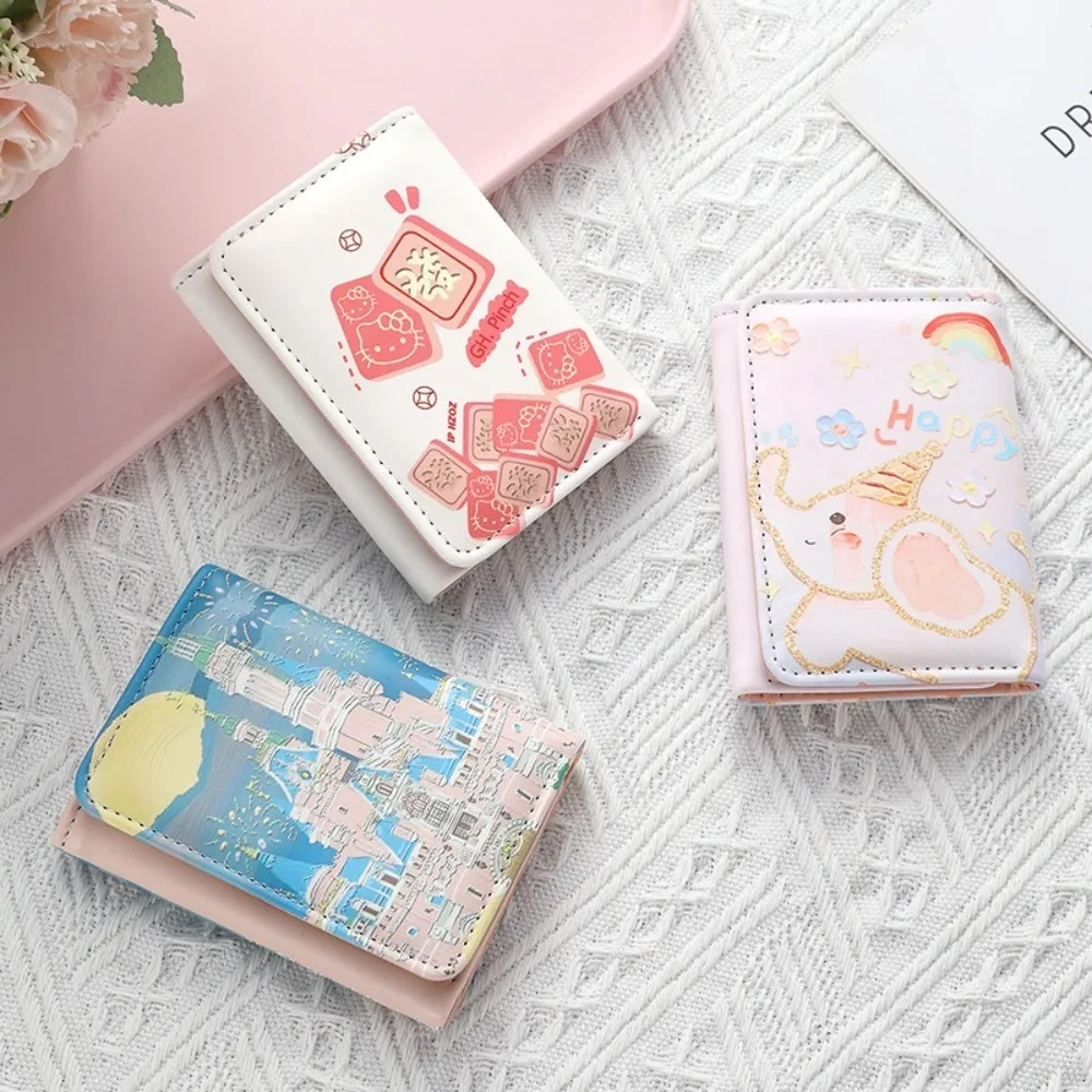 New Tri-fold Coin Purse Portable Zipper Mini Wallets Cartoon Printed Credit Card Holder Women