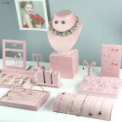 Jewelry Store Pink Velvet Portrait Neck Jewelry Display Stand Green Pendant Ring Tray Counter Retail Display Cabinet Organizer