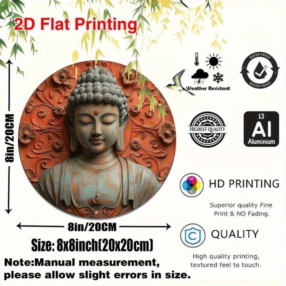 Vintage 2D Flat Round Aluminium Wall Sign， Buddha on Lotus, Decor Plaque for Kitchen Office Cafe, Great Mother's Day Gift