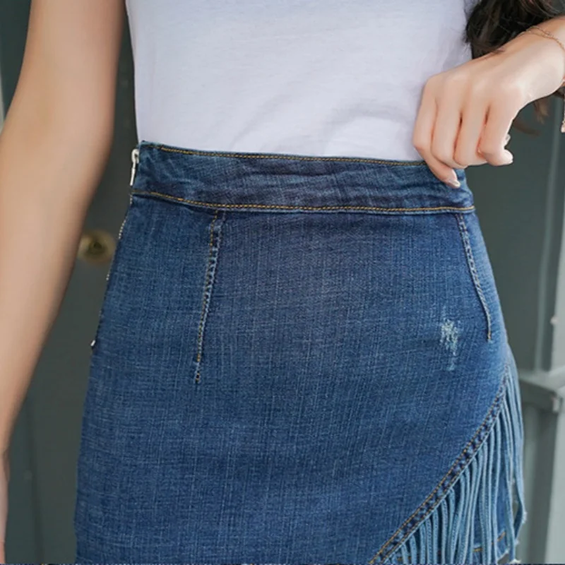 المرأة مصغرة اللاتينية الرقص شرابة الدنيم تنورة عالية الخصر سستة قليل Bodycon الكورية نمط وهمية قطعتين نصف طول تنورة